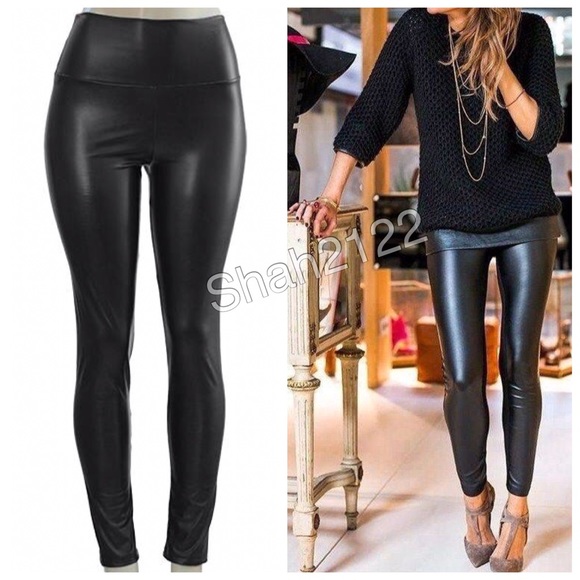 Black Leather Faux Vegan Leggings High Waist Tummy Control - Picture 1 of 4